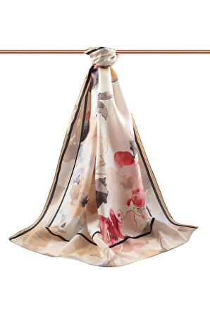 %100 İpek Suluboya Çiçek Desenli Bej - Kırmızı Renkli 92x210 Şal