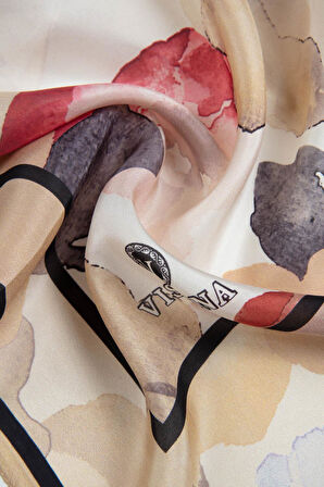 %100 İpek Suluboya Çiçek Desenli Bej - Kırmızı Renkli 92x210 Şal