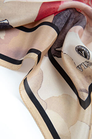 %100 İpek Suluboya Çiçek Desenli Bej - Kırmızı Renkli 92x210 Şal