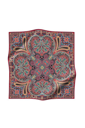 100% Twill İpek Etnik Desenli Bordo - Petrol Yeşili Renkli 90x90 Dikim Şekli : El Dikişi Eşarp