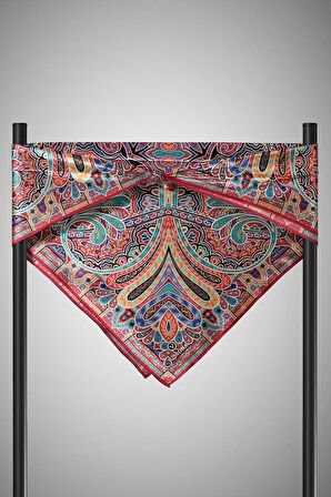 100% Twill İpek Etnik Desenli Bordo - Petrol Yeşili Renkli 90x90 Dikim Şekli : El Dikişi Eşarp