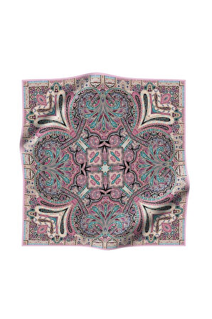 100% Twill İpek Etnik Desenli Pembe Renkli 90x90 Dikim Şekli : El Dikişi Eşarp