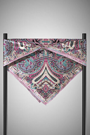 100% Twill İpek Etnik Desenli Pembe Renkli 90x90 Dikim Şekli : El Dikişi Eşarp