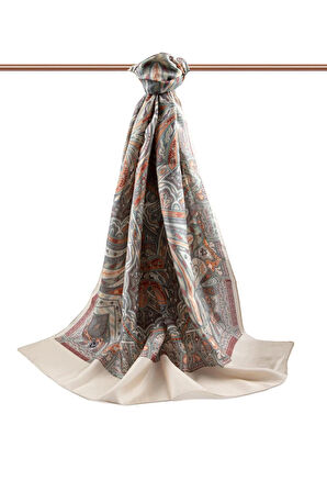 %100 İpek Etnik Desenli Sütlükahve Renkli 92x210 Şal