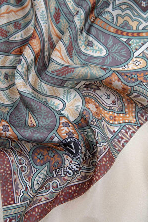 %100 İpek Etnik Desenli Sütlükahve Renkli 92x210 Şal