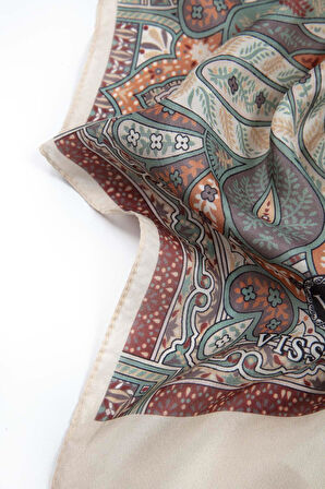 %100 İpek Etnik Desenli Sütlükahve Renkli 92x210 Şal