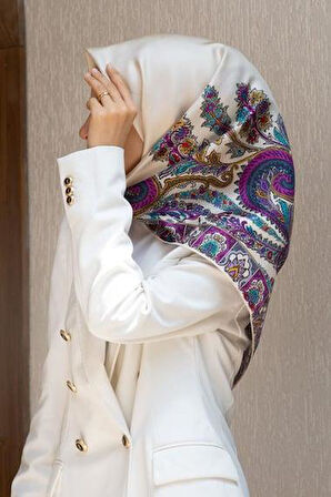 Vissona Tivil İpek Eşarp 60866 - 24 - 0003 - 0025 Krem Fuşya Etnik Desen