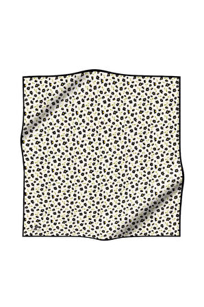 %100 Twill İpek Papatya Desenli Krem - Siyah Renkli 90x90 Eşarp Dikim Şekli : El Dikişi