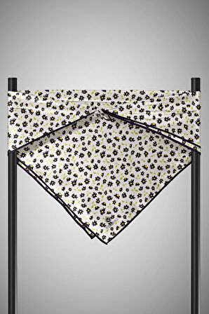 %100 Twill İpek Papatya Desenli Krem - Siyah Renkli 90x90 Eşarp Dikim Şekli : El Dikişi