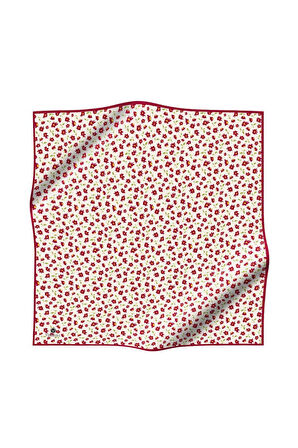 %100 Twill İpek Papatya Desenli Krem - Kırmızı Renkli 90x90 Eşarp Dikim Şekli : El Dikişi