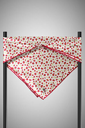 %100 Twill İpek Papatya Desenli Krem - Kırmızı Renkli 90x90 Eşarp Dikim Şekli : El Dikişi