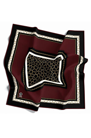Twill Zincir Desenli Bordo Renkli 90x90 Eşarp (İpek İçermez) Kenar Dikiş Şekli El Dikişli