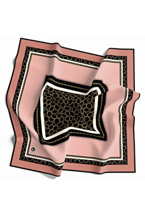 Twill Zincir Desenli Somon - Siyah Renkli 90x90 Eşarp (İpek İçermez) Kenar Dikiş Şekli El Dikişli