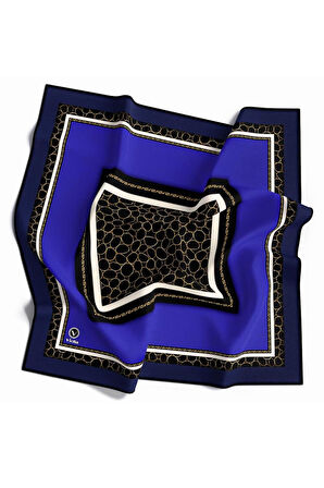 Twill Zincir Desenli Saks Mavisi Renkli 90x90 Eşarp (İpek İçermez) Kenar Dikiş Şekli El Dikişli