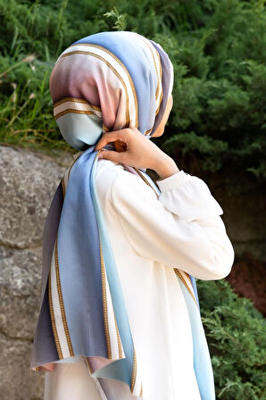 %100 İpek Şerit Desenli Bebe Mavisi - Pudra Renkli 92x210 Şal