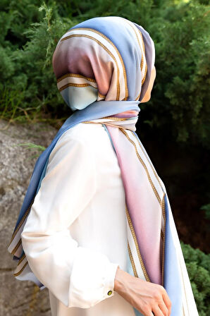 %100 İpek Şerit Desenli Bebe Mavisi - Pudra Renkli 92x210 Şal