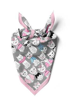 B85 Kadın Kedi Desenli Bandana 50x50 Siyah Beyaz Pembe DG0411-22 Snz