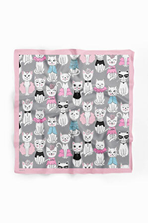 B85 Kadın Kedi Desenli Bandana 50x50 Siyah Beyaz Pembe DG0411-22 Snz