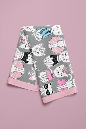 B85 Kadın Kedi Desenli Bandana 50x50 Siyah Beyaz Pembe DG0411-22 Snz