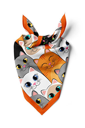 B88 Kadın Kedi Desenli Bandana 50x50 Gri Sarı DG0397-22