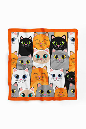 B88 Kadın Kedi Desenli Bandana 50x50 Gri Sarı DG0397-22
