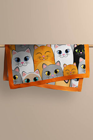 B88 Kadın Kedi Desenli Bandana 50x50 Gri Sarı DG0397-22