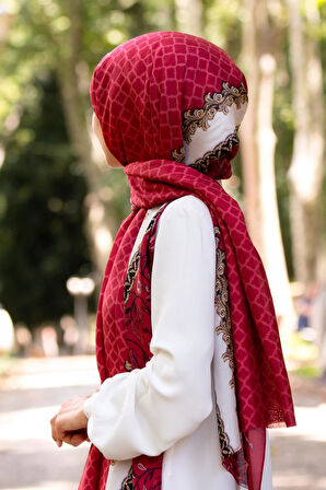 %100 İpek Yaprak Desenli Kırmızı - Gold Renkli 92x210 Şal