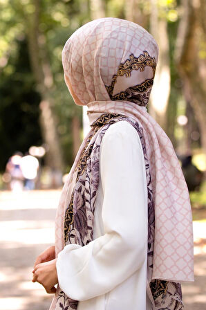 %100 İpek Yaprak Desenli Pudra - Gold Renkli 92x210 Şal