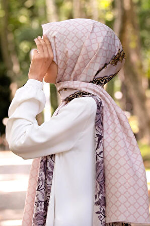 %100 İpek Yaprak Desenli Pudra - Gold Renkli 92x210 Şal