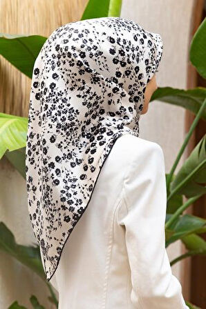 Vissona Tivil İpek Eşarp 60911 - 4 - 0003 - 0001 Beyaz Siyah Çiçek Desen