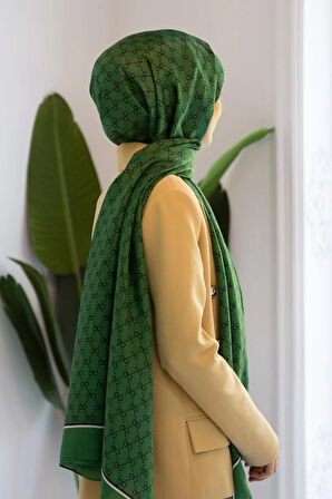 %100 İpek Minik Motif Desenli Zümrüt Yeşili Renkli 92x210 Şal