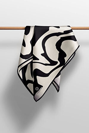 57 % İPEK % 43 VİSKON Twill İpek Dalga Desenli Siyah - Krem Renkli 90x90 Dikim Şekli : El Dikişi Eşarp