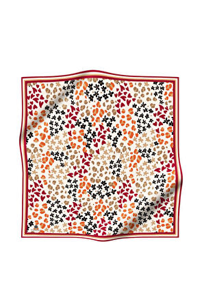 %100 Twill İpek Kalpli Leopar Desenli Krem - Bordo Renkli 90x90 Eşarp Dikim Şekli : El Dikişi