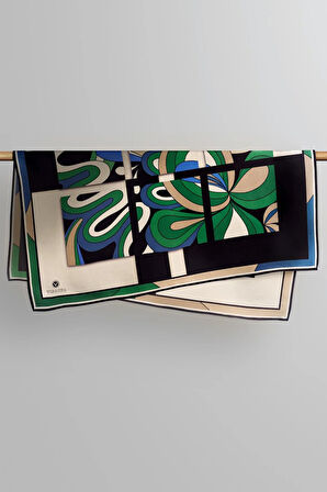 % 57 İPEK % 43 VİSKON Twill İpek Geometrik Desenli Saks - Zümrüt Yeşili Renkli 90x90 Dikim Şekli : El Dikişi Eşarp