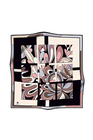 % 57 İPEK % 43 VİSKON Twill İpek Geometrik Desenli Gri - Pudra Renkli 90x90 Dikim Şekli : El Dikişi Eşarp