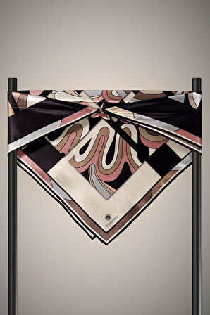 % 57 İPEK % 43 VİSKON Twill İpek Geometrik Desenli Gri - Pudra Renkli 90x90 Dikim Şekli : El Dikişi Eşarp