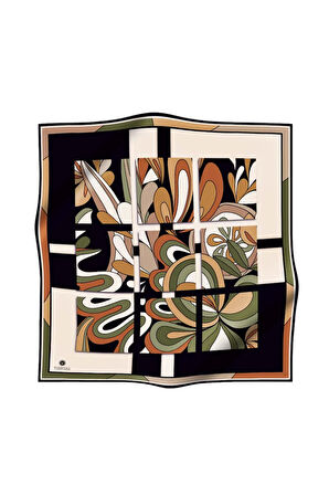 % 57 İPEK % 43 VİSKON Twill İpek Geometrik Desenli Taba - Haki Renkli 90x90 Dikim Şekli : El Dikişi Eşarp