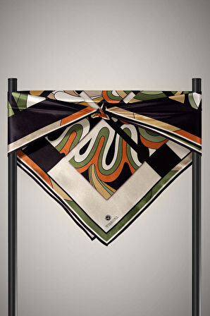 % 57 İPEK % 43 VİSKON Twill İpek Geometrik Desenli Taba - Haki Renkli 90x90 Dikim Şekli : El Dikişi Eşarp