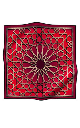 % 57 İPEK % 43 VİSKON Twill Türk Motifi  Desenli Kırmızı Renkli 90x90 Eşarp Dikim Şekli: El Dikişi
