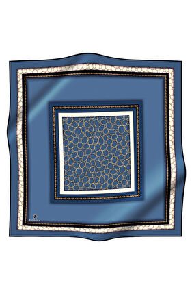 % 57 İPEK % 43 VİSKON Twill İpek Gold Halka Desenli İndigo - Siyah Renkli 90x90 Eşarp Dikim Şekli : El Dikişi