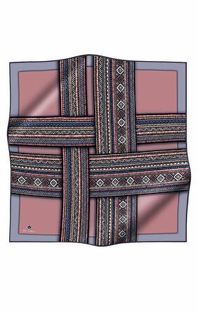 % 57 İPEK % 43 VİSKON Twill İpek Etnik Desenli Pudra - Gri Renkli 90x90 Eşarp Dikim Şekli : El Dikişi