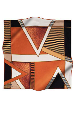 % 57 İPEK % 43 VİSKON Twill İpek Geometrik Desenli Taba - Siyah Renkli 90x90 Eşarp Dikim Şekli : El Dikişi