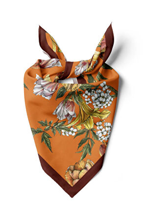 Kadın Çiçek Desenli Bandana 50x50 Turuncu Sarı Beyaz DG0477-22 Snz
