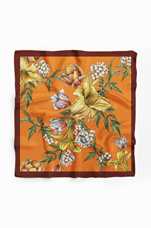 Kadın Çiçek Desenli Bandana 50x50 Turuncu Sarı Beyaz DG0477-22 Snz