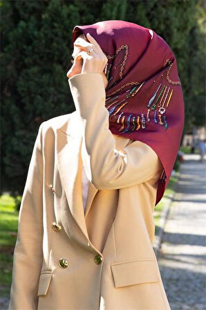 Vissona Tivil İpek Eşarp 61009 - 5 - 0018 Koyu Kırmızı Zincir Desen