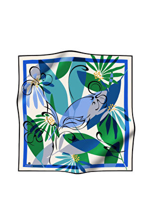 %100 Twill İpek Çiçek Desenli Saks - Zümrüt Yeşili Renkli 90x90 Eşarp Dikim Şekli : El Dikişi