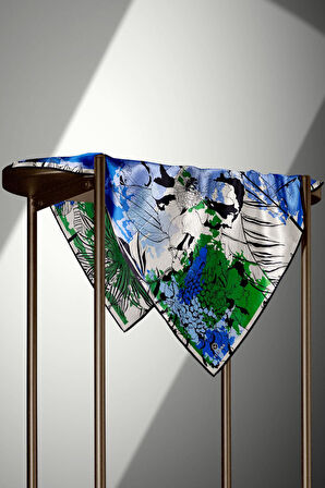 %100 Twill İpek Yaprak Desenli Saks - Zümrüt Yeşili Renkli 90x90 Eşarp Dikim Şekli : El Dikişi