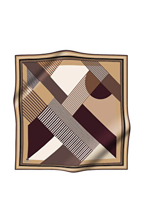 %100 Twill İpek Geometrik Desenli Gold - Kahverengi Renkli 90x90 Eşarp Dikim Şekli : El Dikişi