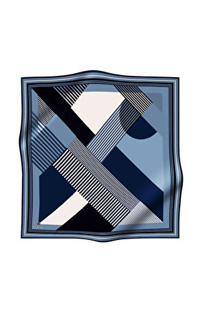 %100 Twill İpek Geometrik Desenli İndigo Renkli 90x90 Eşarp Dikim Şekli : El Dikişi