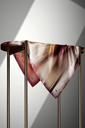 %100 Twill İpek Duman Desenli Hardal - Taba Renkli 90x90 Eşarp Dikim Şekli : El Dikişi